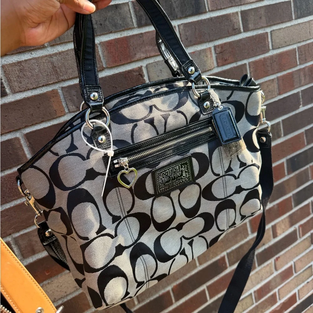 Coach Black and Cream Signature Satchel with Leather Trim